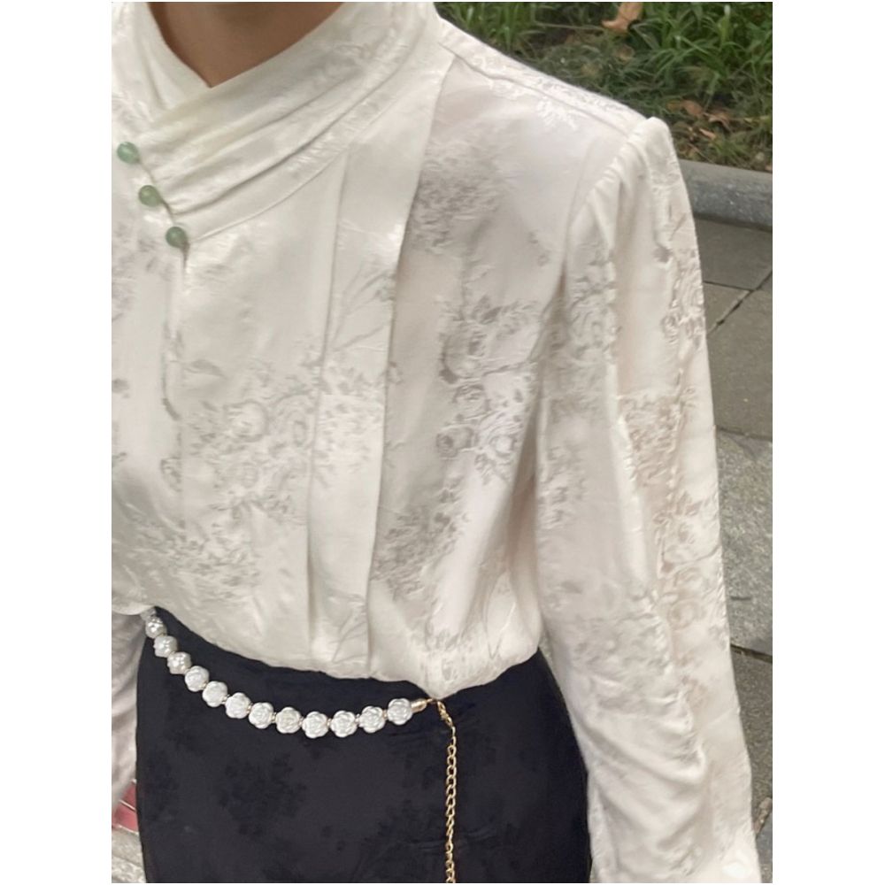 Hanfu New Chinese Jacquard Satin Shirt Women s Spring and Autumn European style Tang style Shirt Improved Cheongsam Top image 4