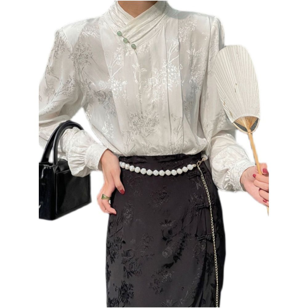 Hanfu New Chinese Jacquard Satin Shirt Women s Spring and Autumn European style Tang style Shirt Improved Cheongsam Top image 5