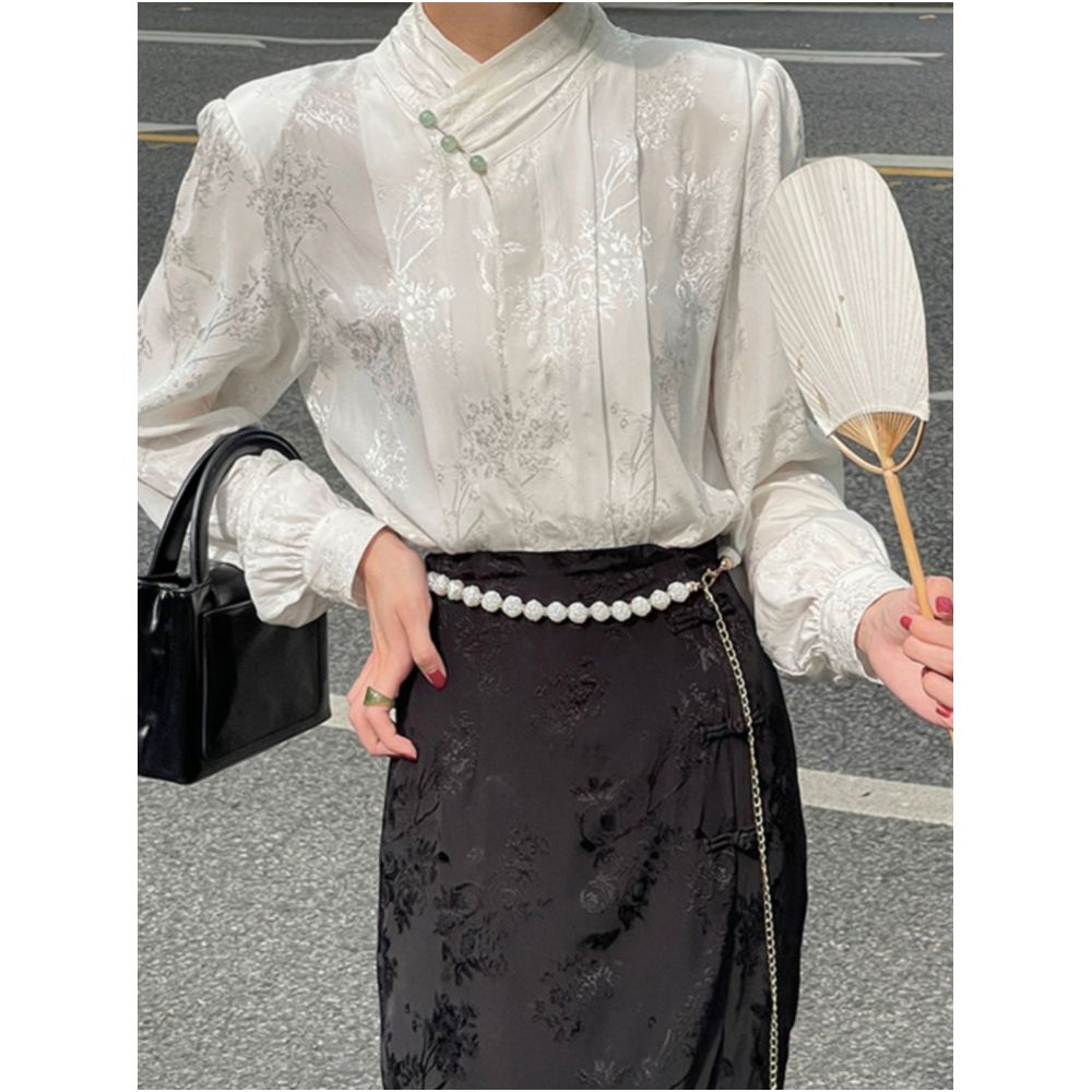 Hanfu New Chinese Jacquard Satin Shirt Women s Spring and Autumn European style Tang style Shirt Improved Cheongsam Top image 0