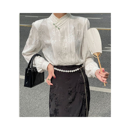 Asaya0466 - Hanfu New Chinese Jacquard Satin Shirt Women s Spring and Autumn European style Tang style Shirt Improved Cheongsam Top