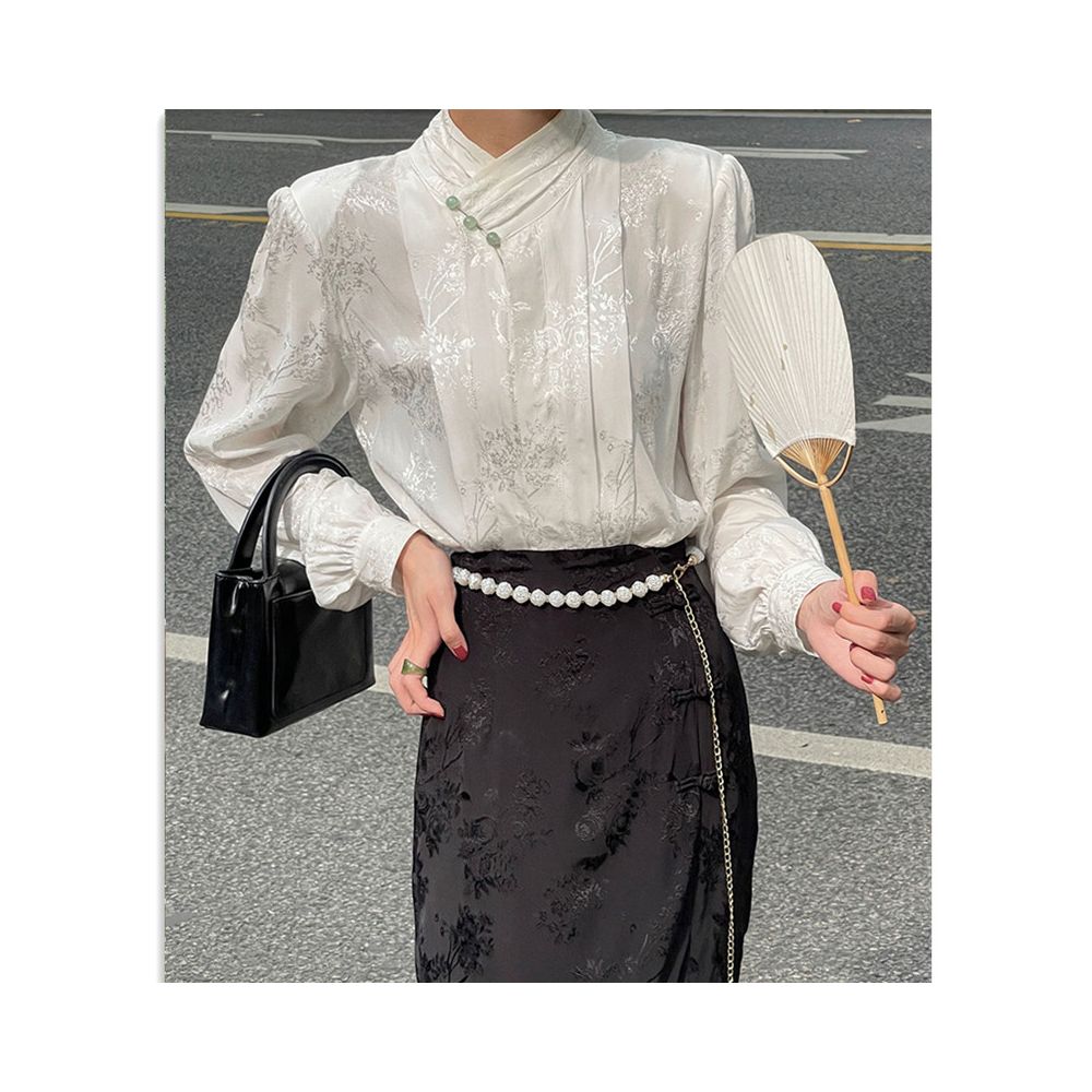 Hanfu New Chinese Jacquard Satin Shirt Women s Spring and Autumn European style Tang style Shirt Improved Cheongsam Top image 8