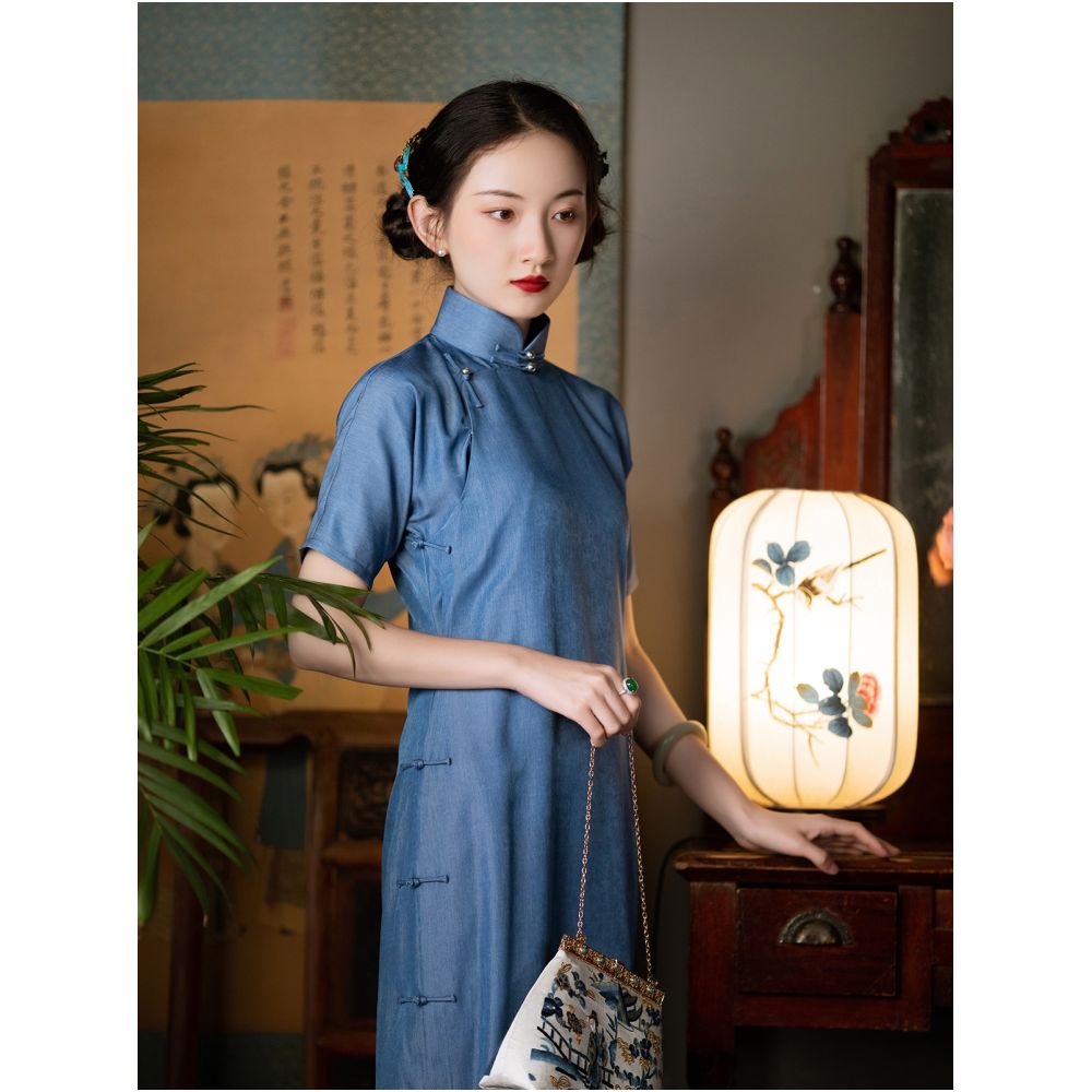 Su Qiu Spring Summer Daily Improved Cowboy Cheongsam Dress Young Style Elegant Retro Style Slimming and slimming image 2