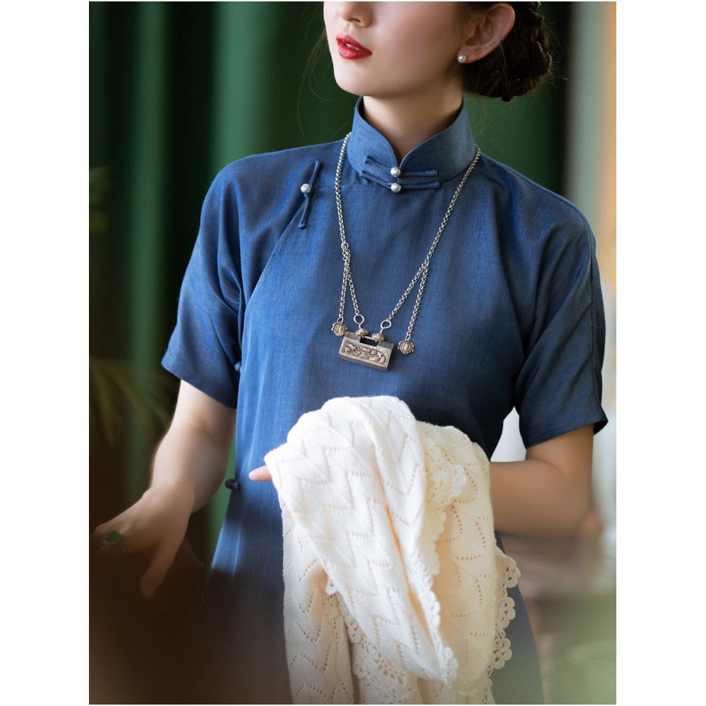 Su Qiu Spring Summer Daily Improved Cowboy Cheongsam Dress Young Style Elegant Retro Style Slimming and slimming image 4