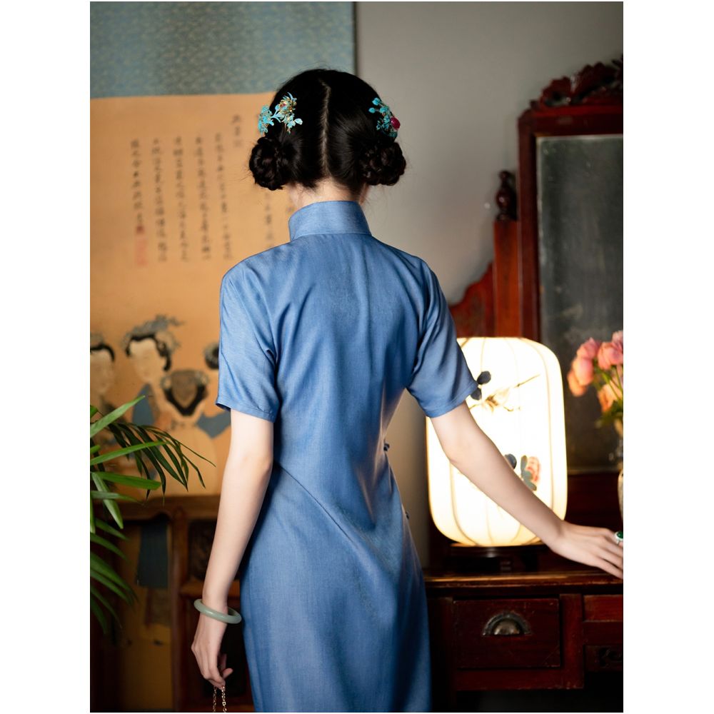 Su Qiu Spring Summer Daily Improved Cowboy Cheongsam Dress Young Style Elegant Retro Style Slimming and slimming image 5