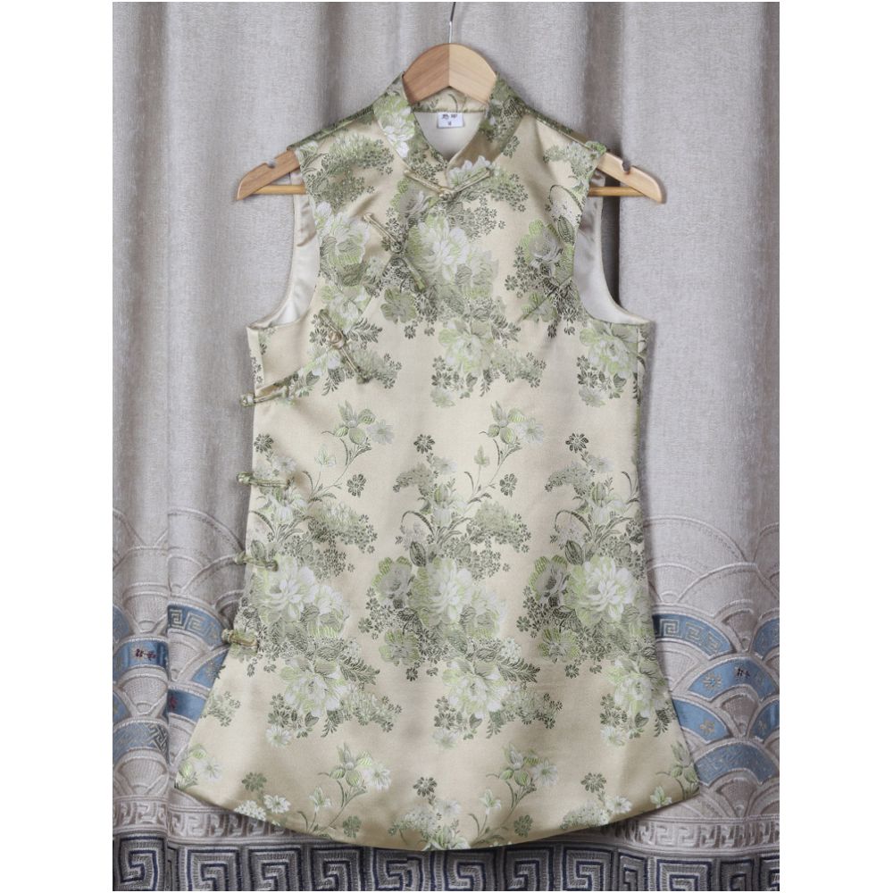 Early Spring and Autumn ethnic style Chinese style buckle stand up collar sleeveless mid long style half breasted vest top women s woven brocade forging image 151