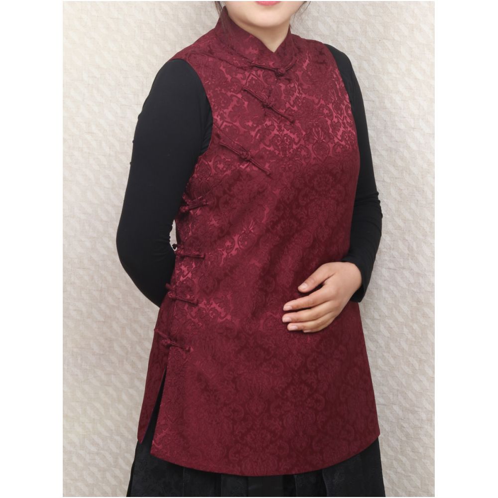 Early Spring and Autumn ethnic style Chinese style buckle stand up collar sleeveless mid long style half breasted vest top women s woven brocade forging image 152