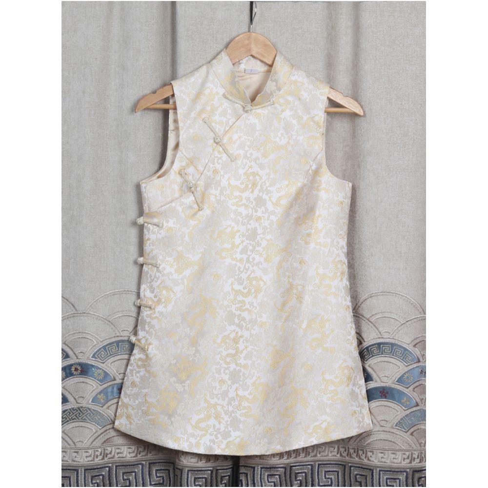 Early Spring and Autumn ethnic style Chinese style buckle stand up collar sleeveless mid long style half breasted vest top women s woven brocade forging image 153