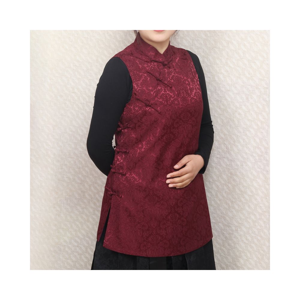 Early Spring and Autumn ethnic style Chinese style buckle stand up collar sleeveless mid long style half breasted vest top women s woven brocade forging image 25