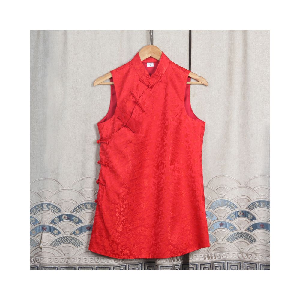 Early Spring and Autumn ethnic style Chinese style buckle stand up collar sleeveless mid long style half breasted vest top women s woven brocade forging image 57