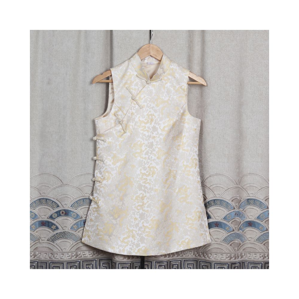 Early Spring and Autumn ethnic style Chinese style buckle stand up collar sleeveless mid long style half breasted vest top women s woven brocade forging image 79