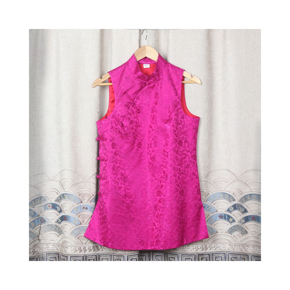 Early Spring and Autumn ethnic style Chinese style buckle stand up collar sleeveless mid long style half breasted vest top women s woven brocade forging image 96