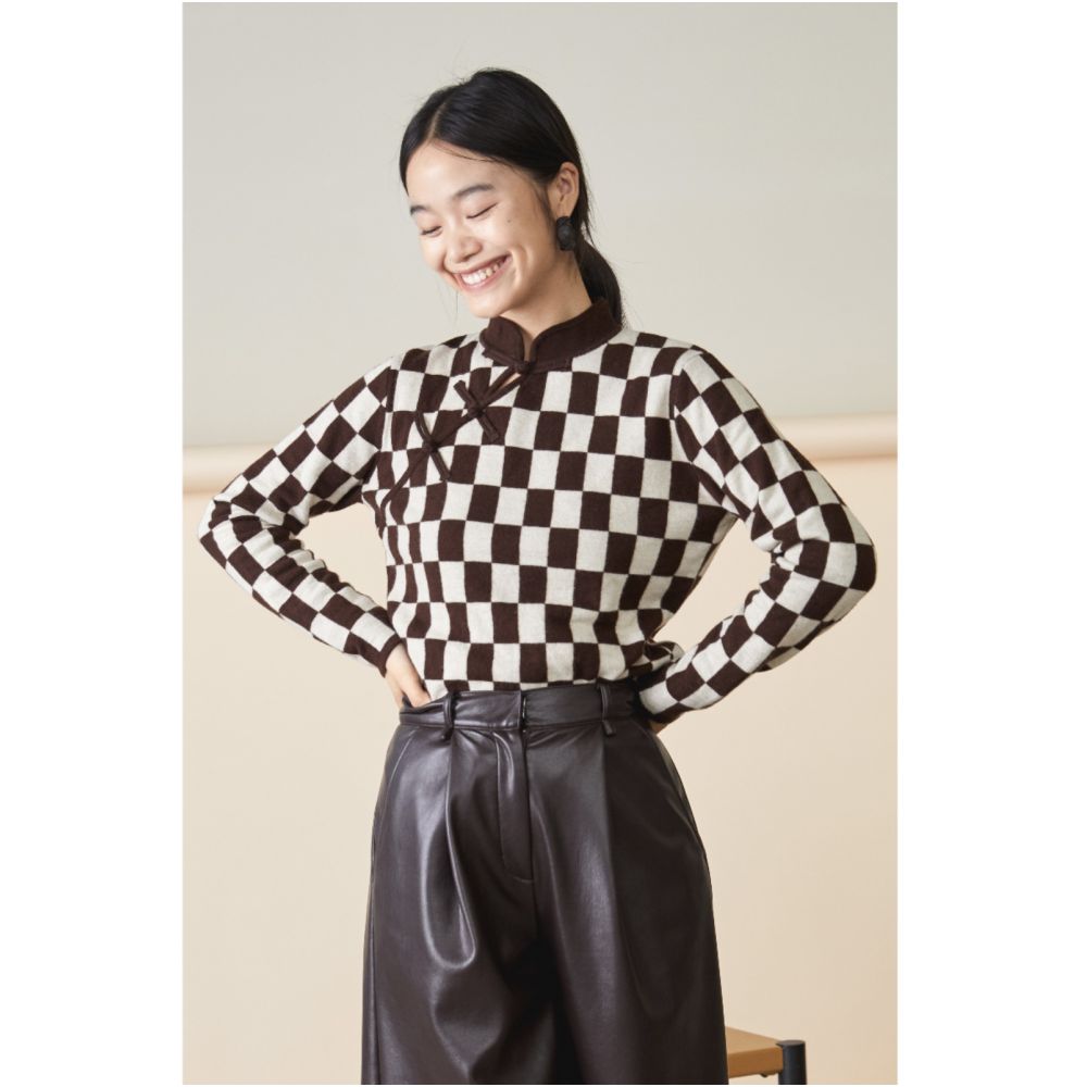 SALE6 Blue Dot Original Designer 100 Wool Chessboard Pattern Chinese Plate Button Knitted Sweater Sweater image 2