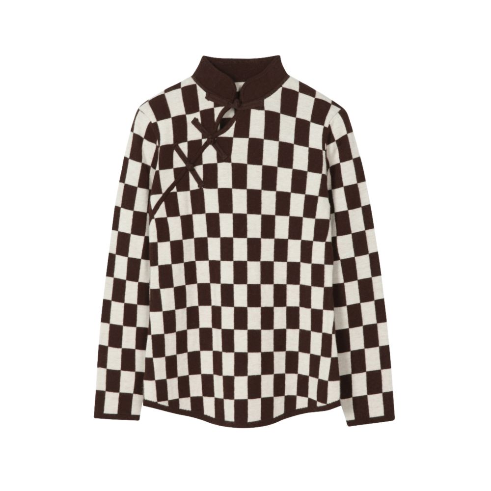 SALE6 Blue Dot Original Designer 100 Wool Chessboard Pattern Chinese Plate Button Knitted Sweater Sweater image 5