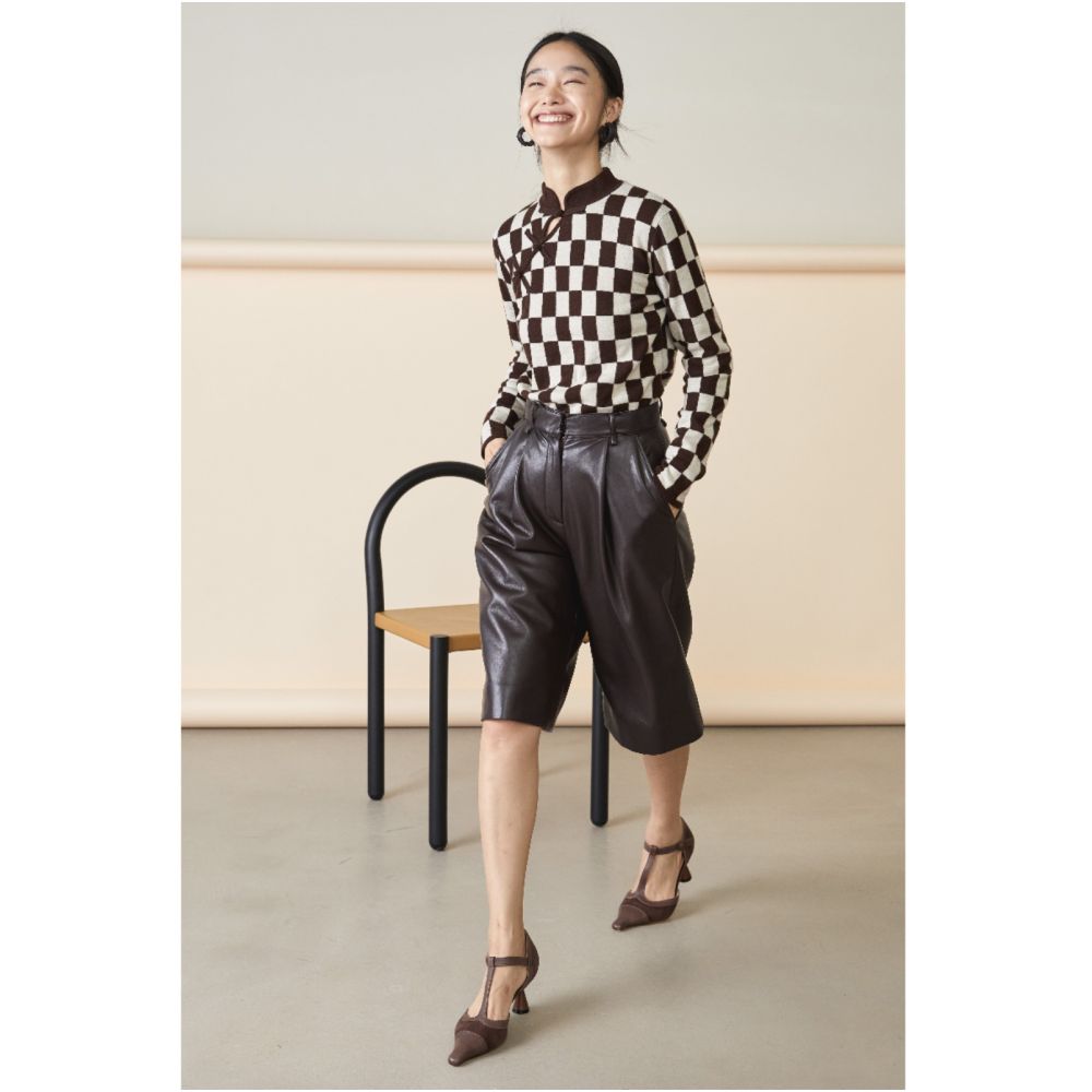 Asaya0424 -  Blue Dot Original Designer 100 Wool Chessboard Pattern Chinese Plate Button Knitted Sweater Sweater