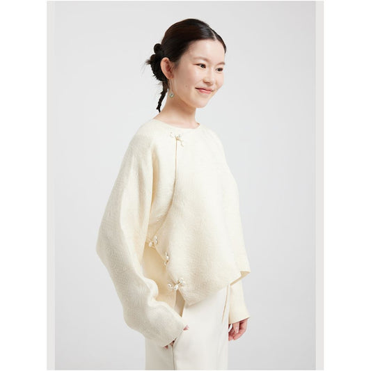 Asaya0412 - Wang Antian s original long sleeved handmade floral button real collar milk white jacquard silk wool Chinese style top for autumn and winter short jacket