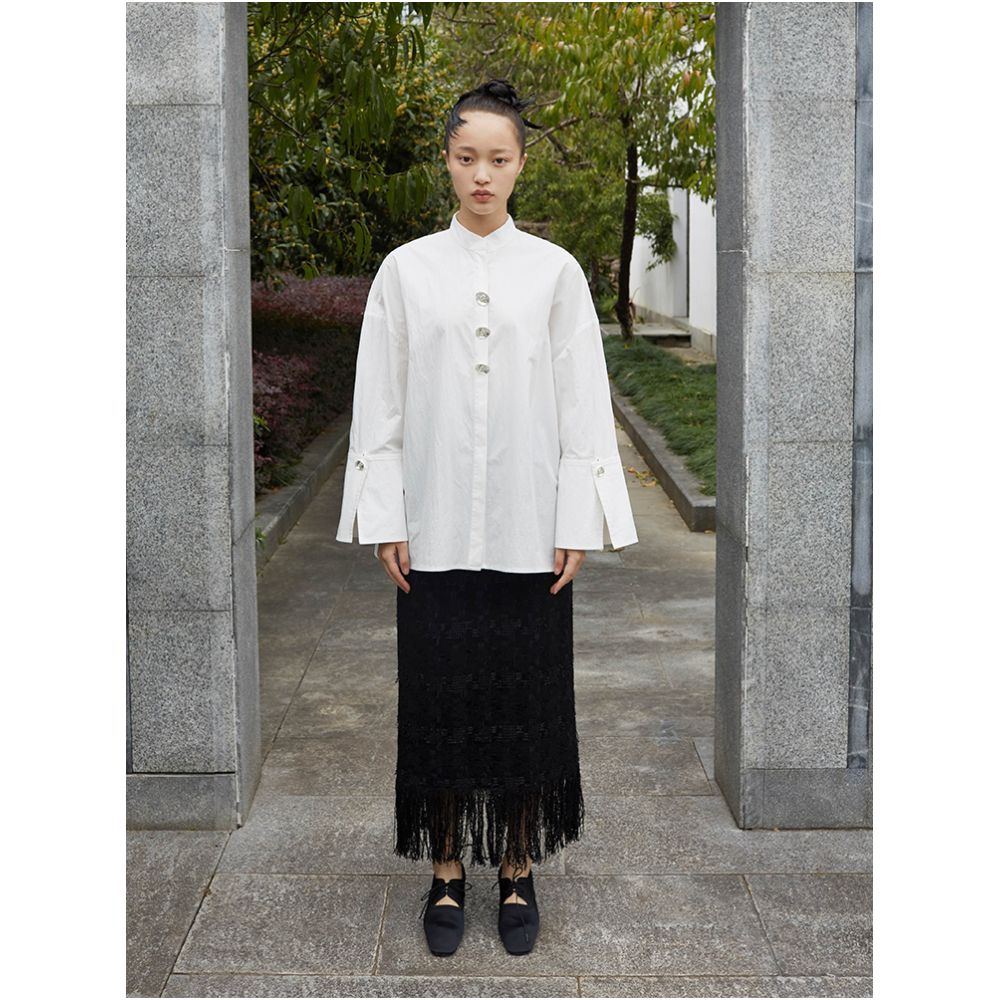 SALE8 Fold Blue Dot Original Designer Chinese style stand up collar loose large cuffs wrinkled texture white shirt image 2