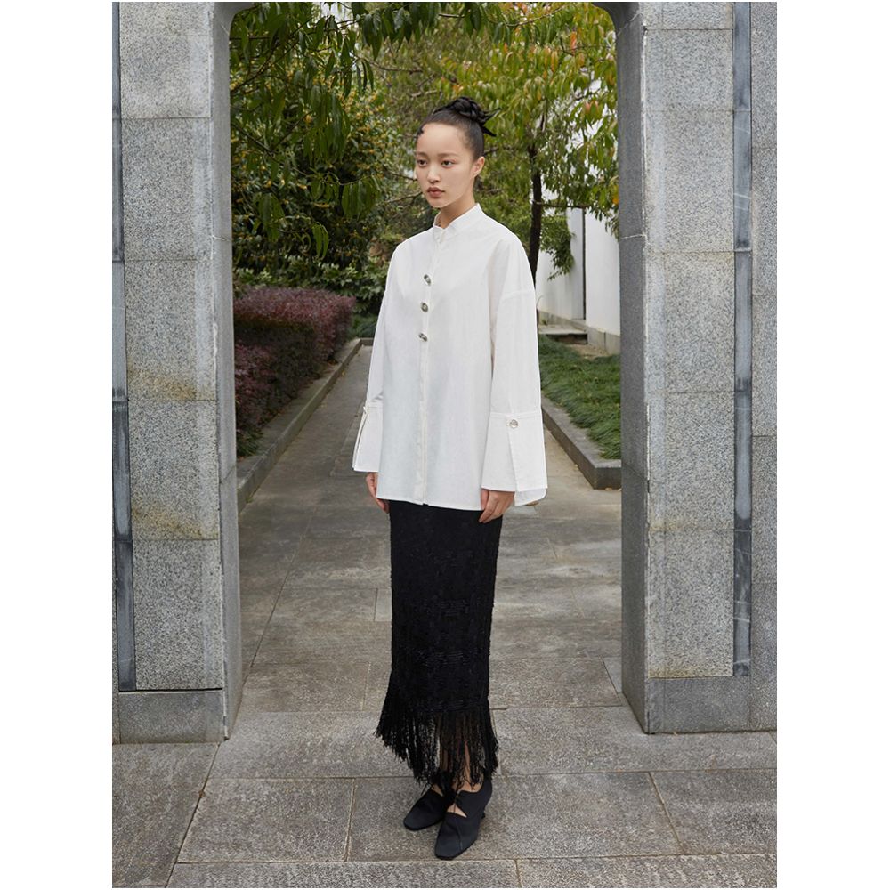 SALE8 Fold Blue Dot Original Designer Chinese style stand up collar loose large cuffs wrinkled texture white shirt image 3