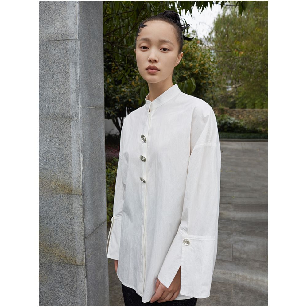 SALE8 Fold Blue Dot Original Designer Chinese style stand up collar loose large cuffs wrinkled texture white shirt image 4