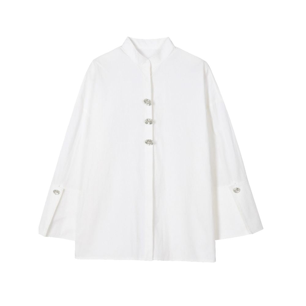 SALE8 Fold Blue Dot Original Designer Chinese style stand up collar loose large cuffs wrinkled texture white shirt image 5