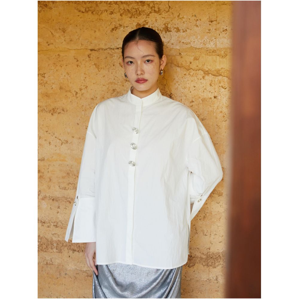 SALE8 Fold Blue Dot Original Designer Chinese style stand up collar loose large cuffs wrinkled texture white shirt image 8