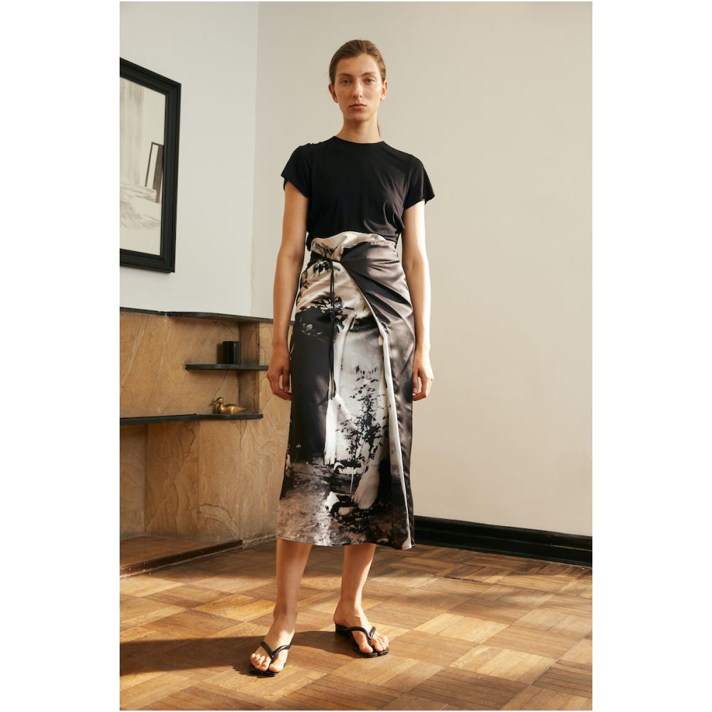 ROOMCARDS Independent Designer Retro Photo Print Splicing Pure Silk Wrap Skirt Multi Wear Strap Half Skirt image 9