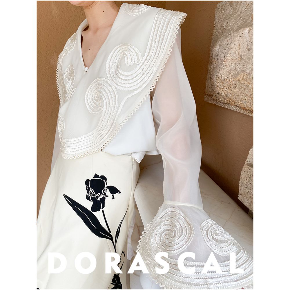 DORASCAL 21SA Retro Design Elegant Large Collar Lace Jacquard Transparent Splicing Lace Chiffon Shirt Shirt image 2