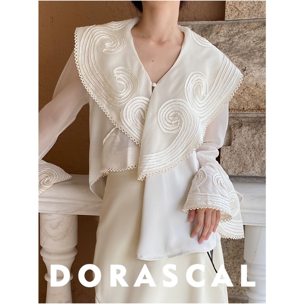 DORASCAL 21SA Retro Design Elegant Large Collar Lace Jacquard Transparent Splicing Lace Chiffon Shirt Shirt image 4