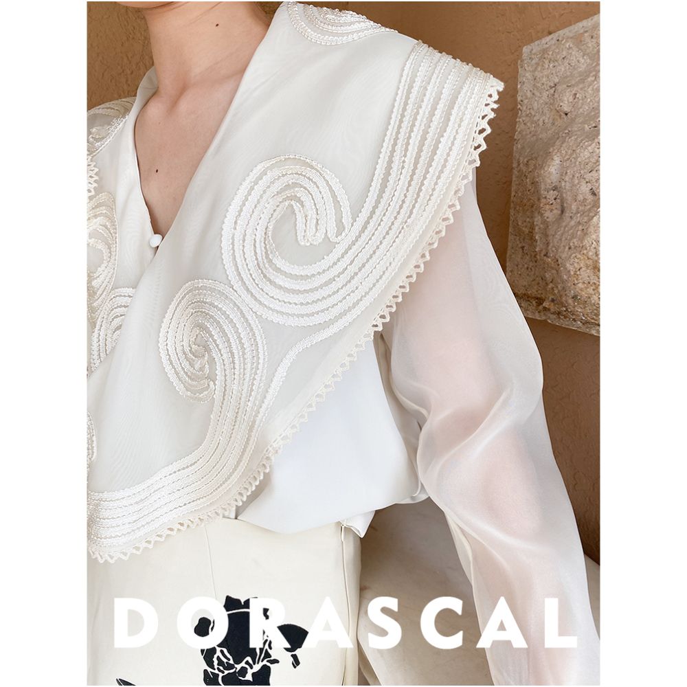 DORASCAL 21SA Retro Design Elegant Large Collar Lace Jacquard Transparent Splicing Lace Chiffon Shirt Shirt image 5