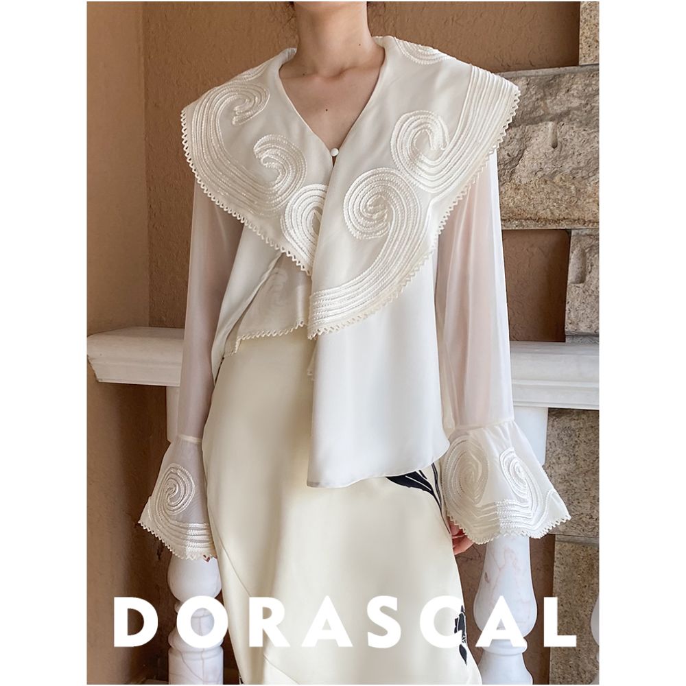 DORASCAL 21SA Retro Design Elegant Large Collar Lace Jacquard Transparent Splicing Lace Chiffon Shirt Shirt image 14