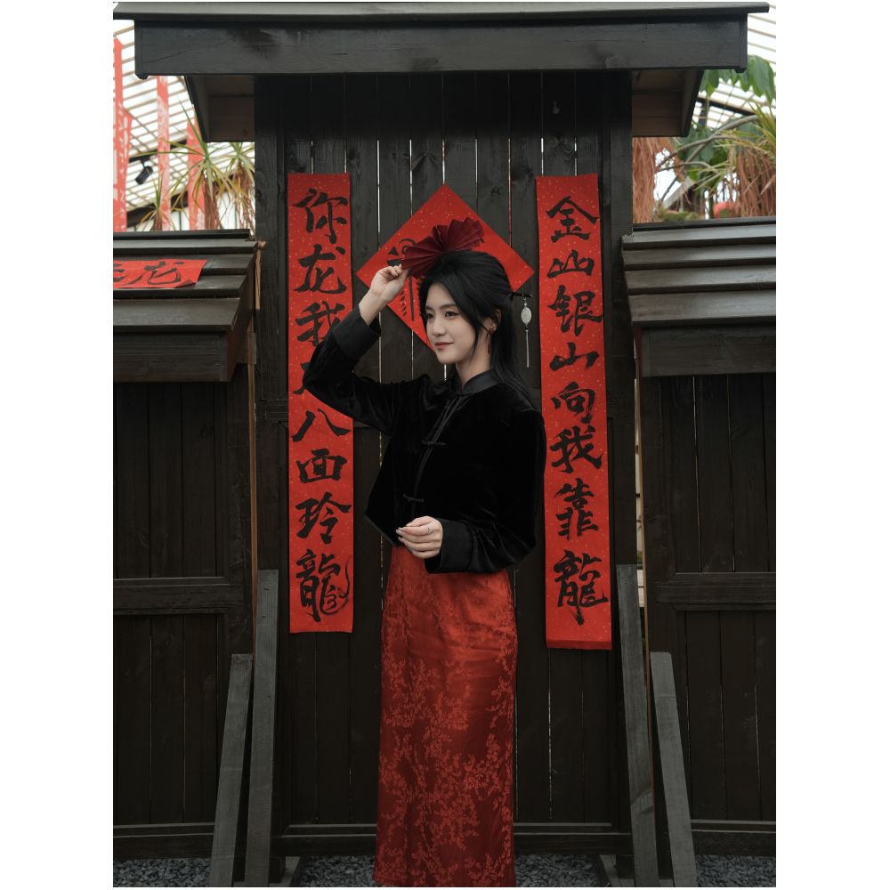 Yangshi Silk Velvet New Chinese style Double breasted Buckle Top Short Chinese Style Retro Tang Style Mulberry Silk Stand collar Coat image 5