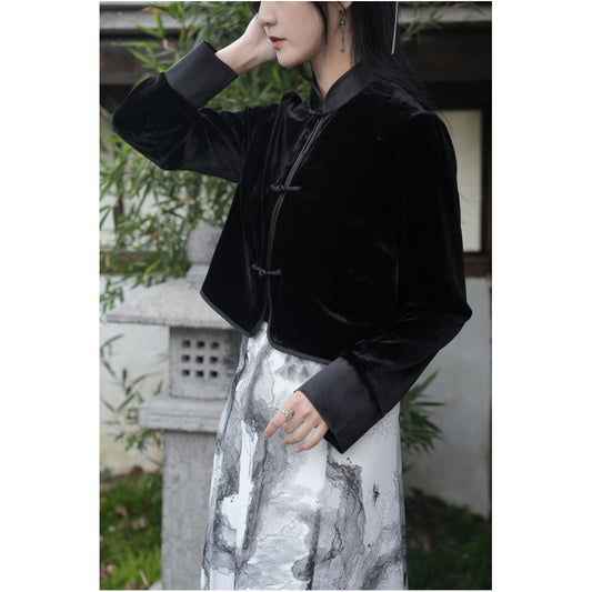 Asaya0342 - Yangshi Silk Velvet New Chinese style Double breasted Buckle Top Short Chinese Style Retro Tang Style Mulberry Silk Stand collar Coat