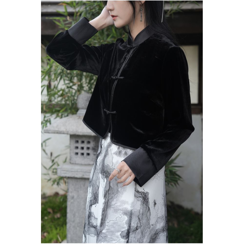 Yangshi Silk Velvet New Chinese style Double breasted Buckle Top Short Chinese Style Retro Tang Style Mulberry Silk Stand collar Coat image 13