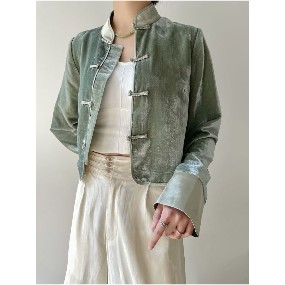 Yangshi Silk Velvet New Chinese style Double breasted Buckle Top Short Chinese Style Retro Tang Style Mulberry Silk Stand collar Coat image 22