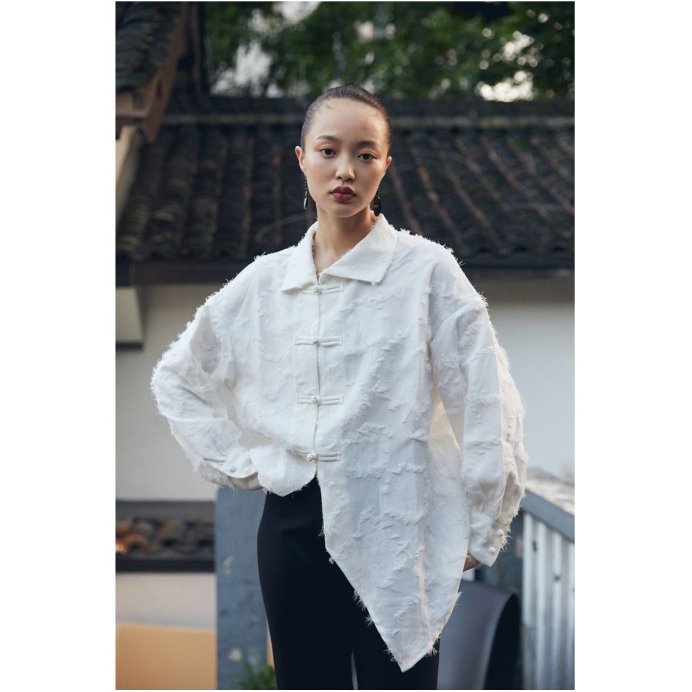 PaleBlueDot blue dot original design asymmetrical white tassel buttoned improved Chinese style shirt long sleeves image 8