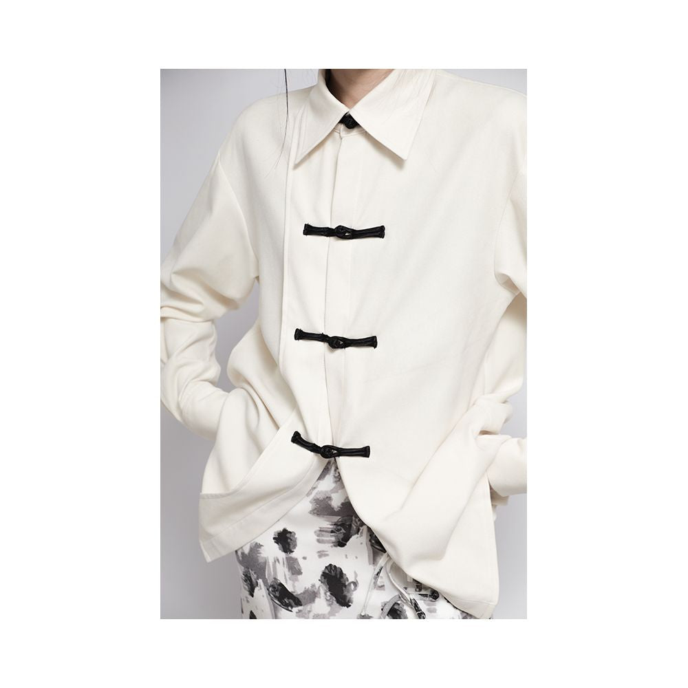 APOZI white new Chinese style women s black and white buckle long sleeved shirt for women s autumn and winter design niche Chinese style shirt image 6