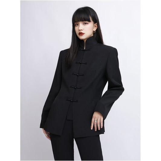 Asaya0325 Chinese style buckle black stand up collar short jacket for women in autumn and winter tall and dark design niche top