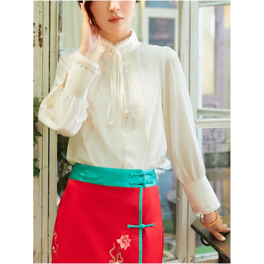 Town Store Baby PCY652 Silk Shirt a combination of Chinese and Western styles embroidered silk shirt OL shirt gentle and exquisite as water image 2