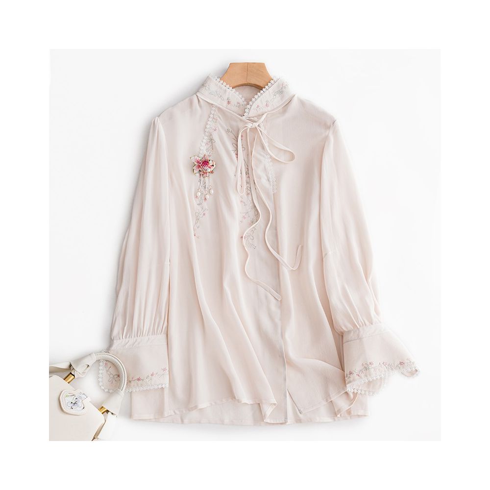 Town Store Baby PCY652 Silk Shirt a combination of Chinese and Western styles embroidered silk shirt OL shirt gentle and exquisite as water image 45