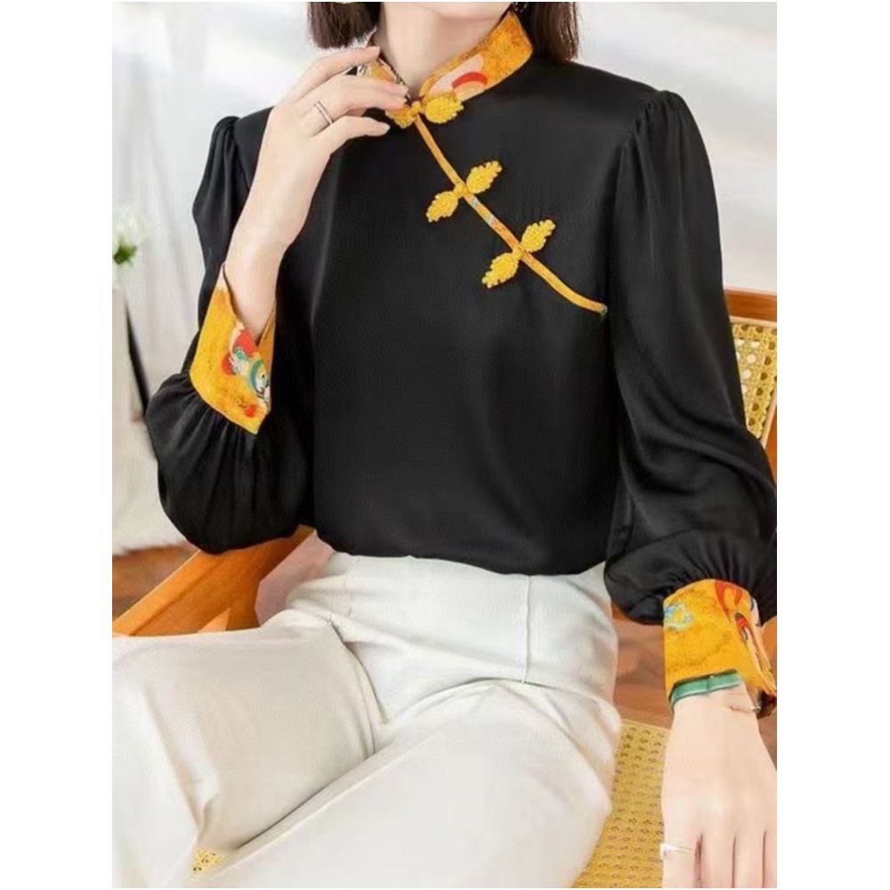 Shenzhen Nanyou European Women s Clothing 2025 Early Autumn New Retro Slant Buckle Stand up Collar Splicing Embroidered Temperament Shirt image 3