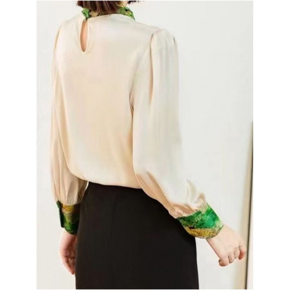 Shenzhen Nanyou European Women s Clothing 2025 Early Autumn New Retro Slant Buckle Stand up Collar Splicing Embroidered Temperament Shirt image 4