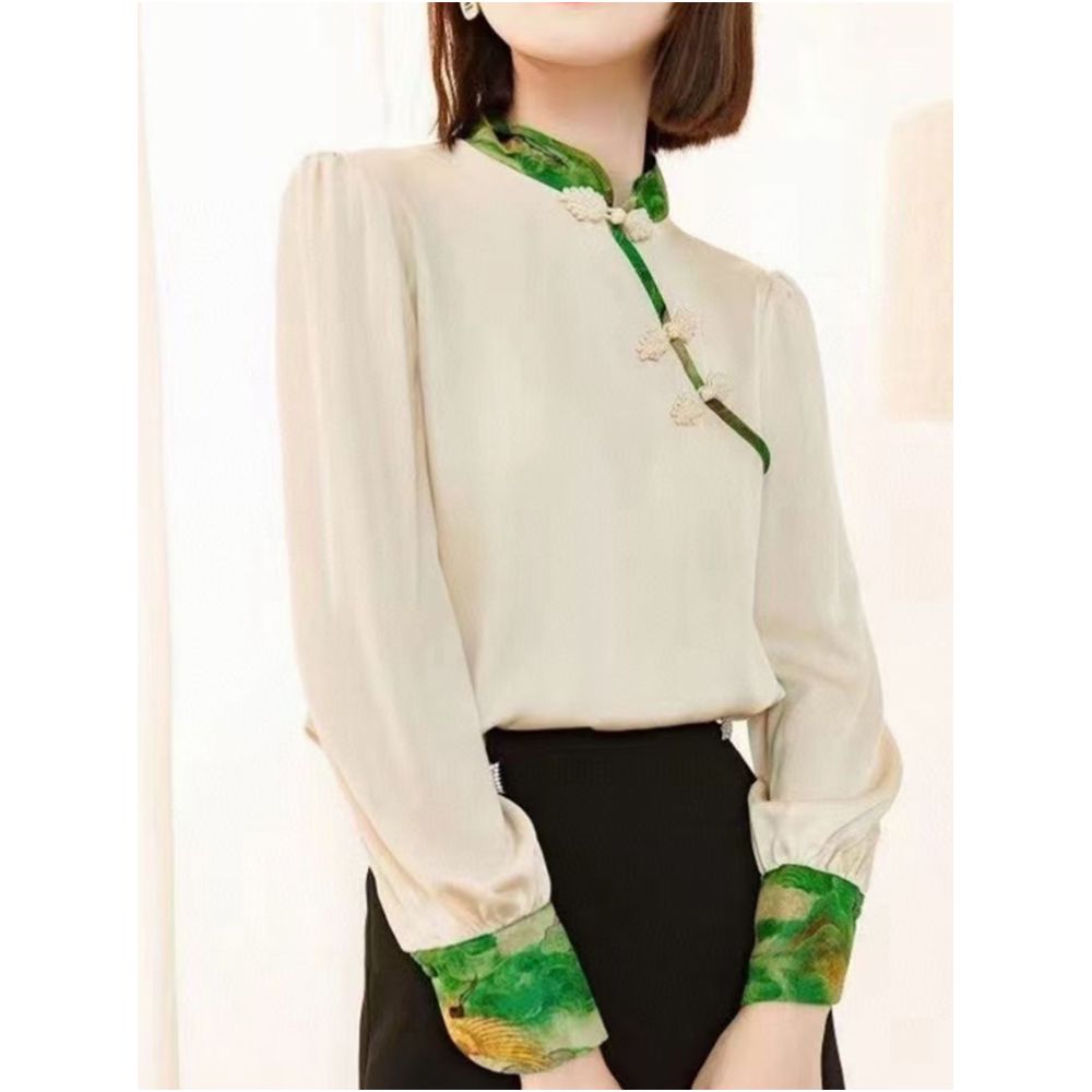 Shenzhen Nanyou European Women s Clothing 2025 Early Autumn New Retro Slant Buckle Stand up Collar Splicing Embroidered Temperament Shirt image 5