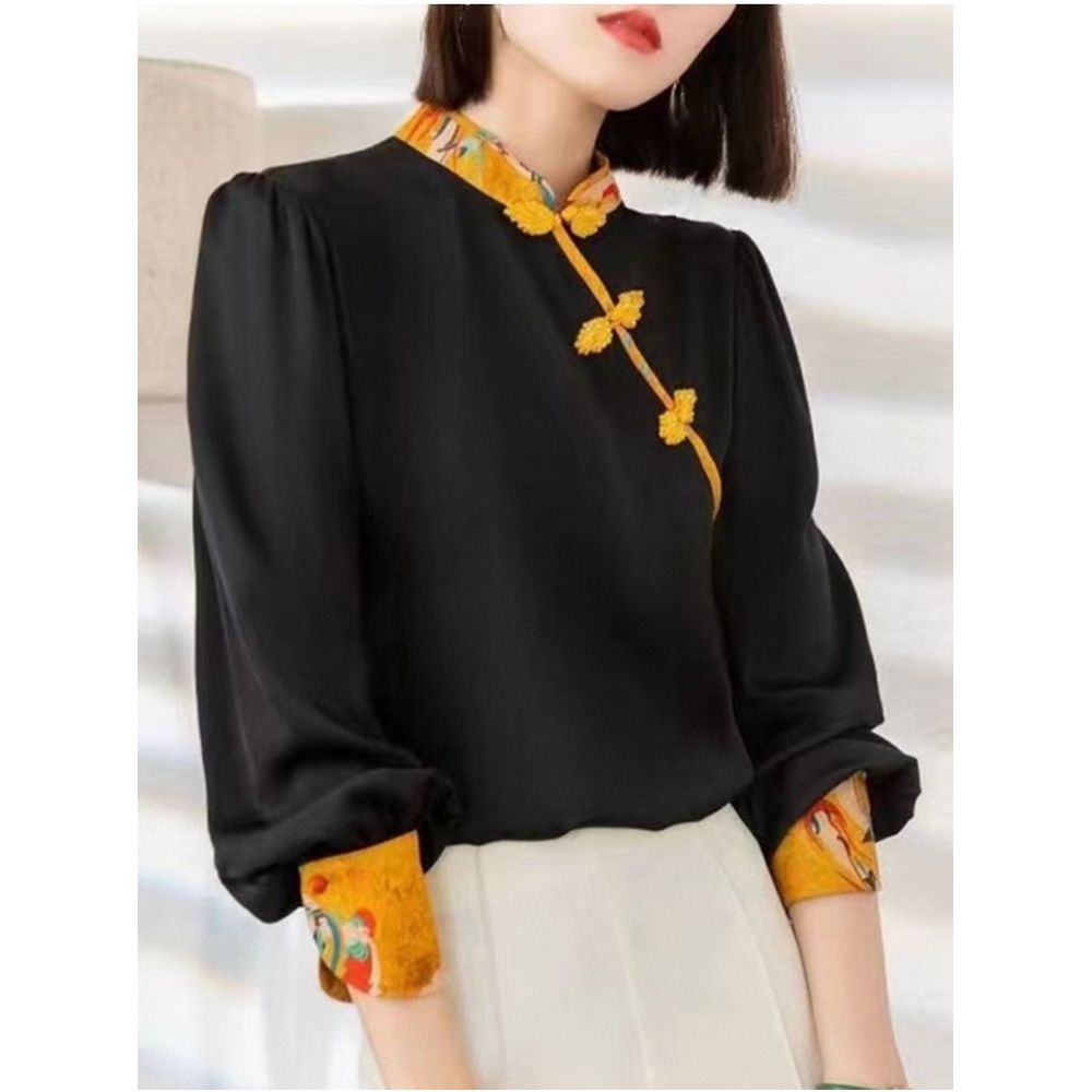 Shenzhen Nanyou European Women s Clothing 2025 Early Autumn New Retro Slant Buckle Stand up Collar Splicing Embroidered Temperament Shirt image 0