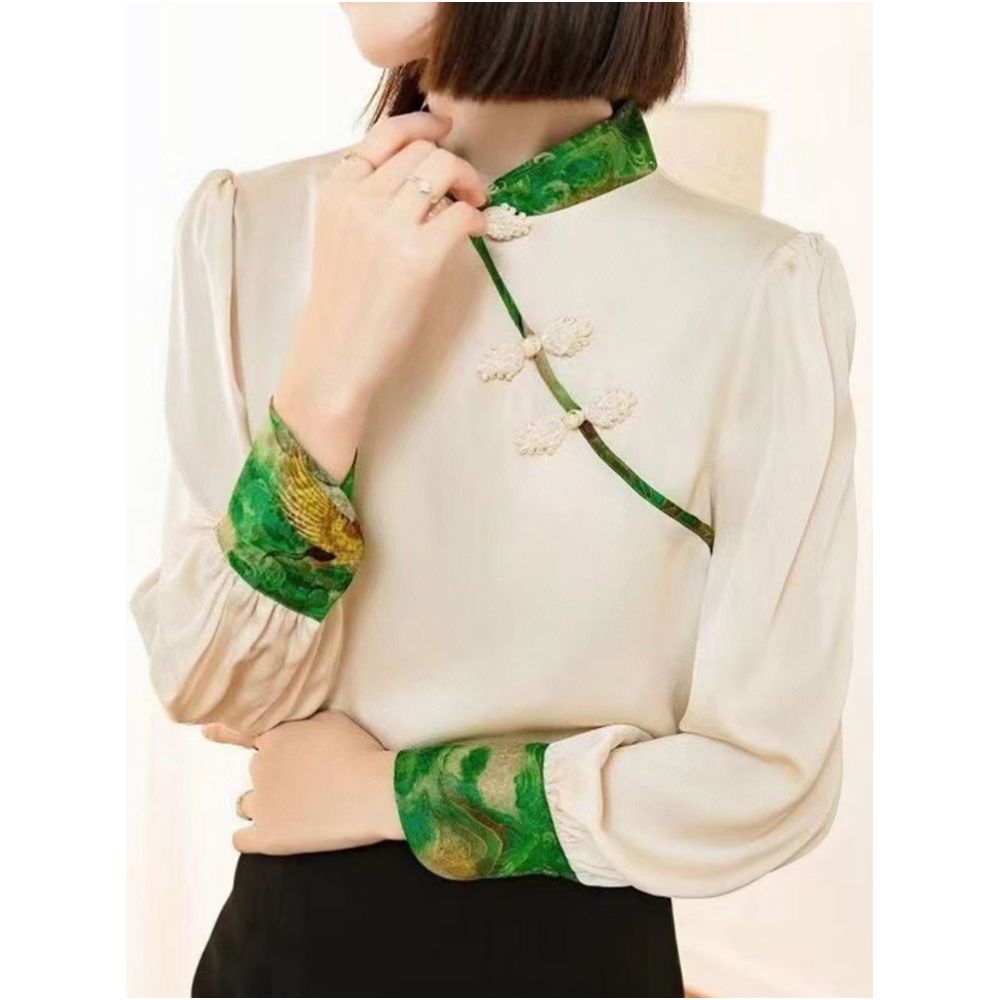 Shenzhen Nanyou European Women s Clothing 2025 Early Autumn New Retro Slant Buckle Stand up Collar Splicing Embroidered Temperament Shirt image 9