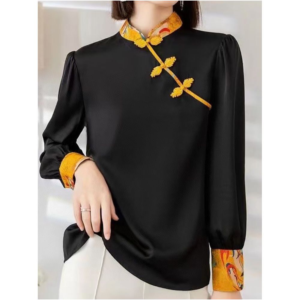 Shenzhen Nanyou European Women s Clothing 2025 Early Autumn New Retro Slant Buckle Stand up Collar Splicing Embroidered Temperament Shirt image 11