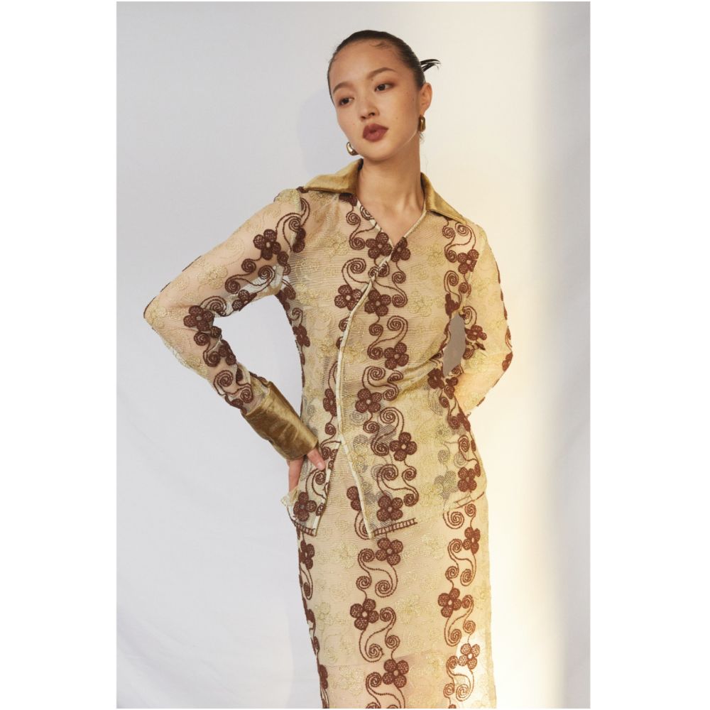 SALE6 Fold Blue Dot Original Design Embossed 3D Embroidered Gold Velvet Heavy duty Shirt Half Skirt Set image 3