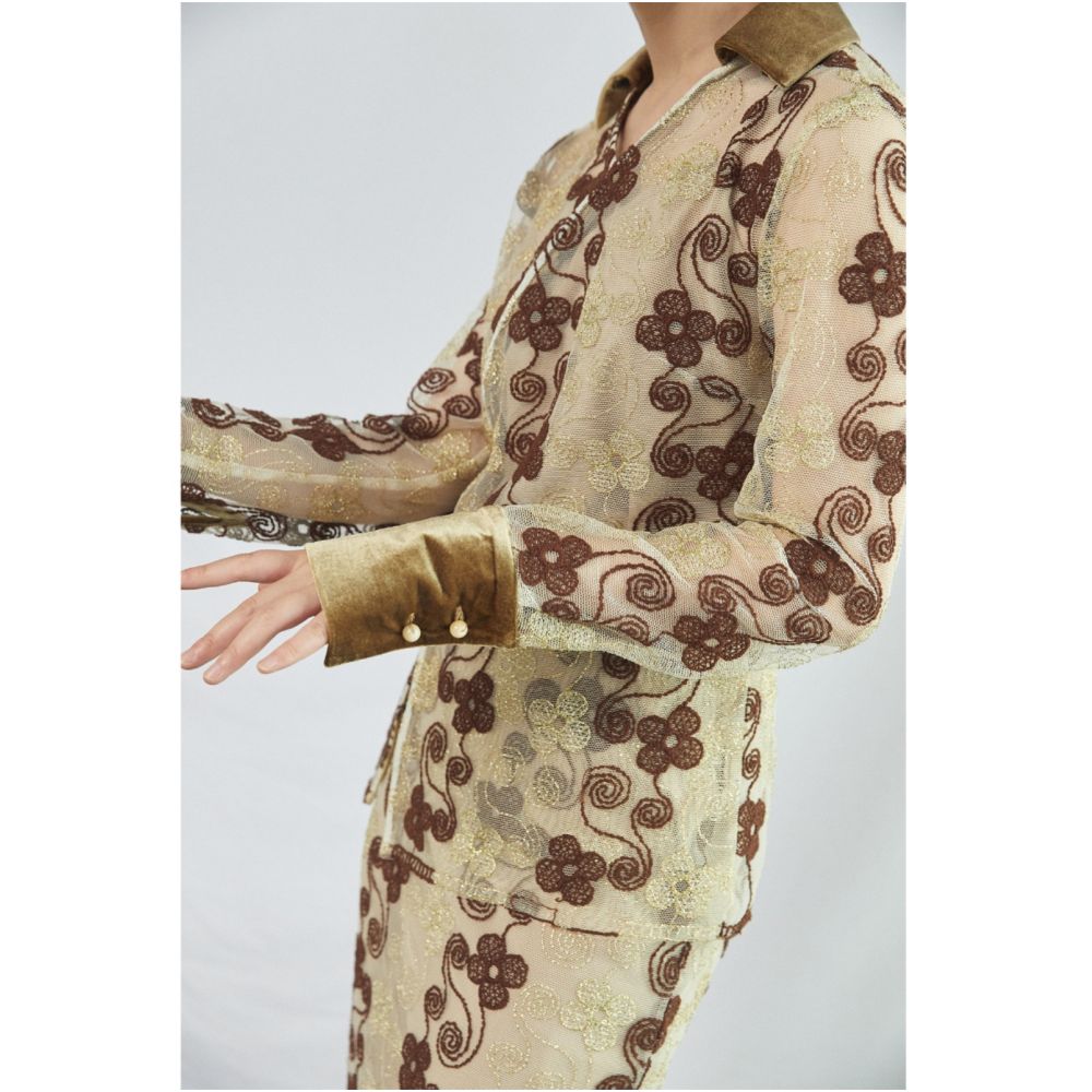 SALE6 Fold Blue Dot Original Design Embossed 3D Embroidered Gold Velvet Heavy duty Shirt Half Skirt Set image 4