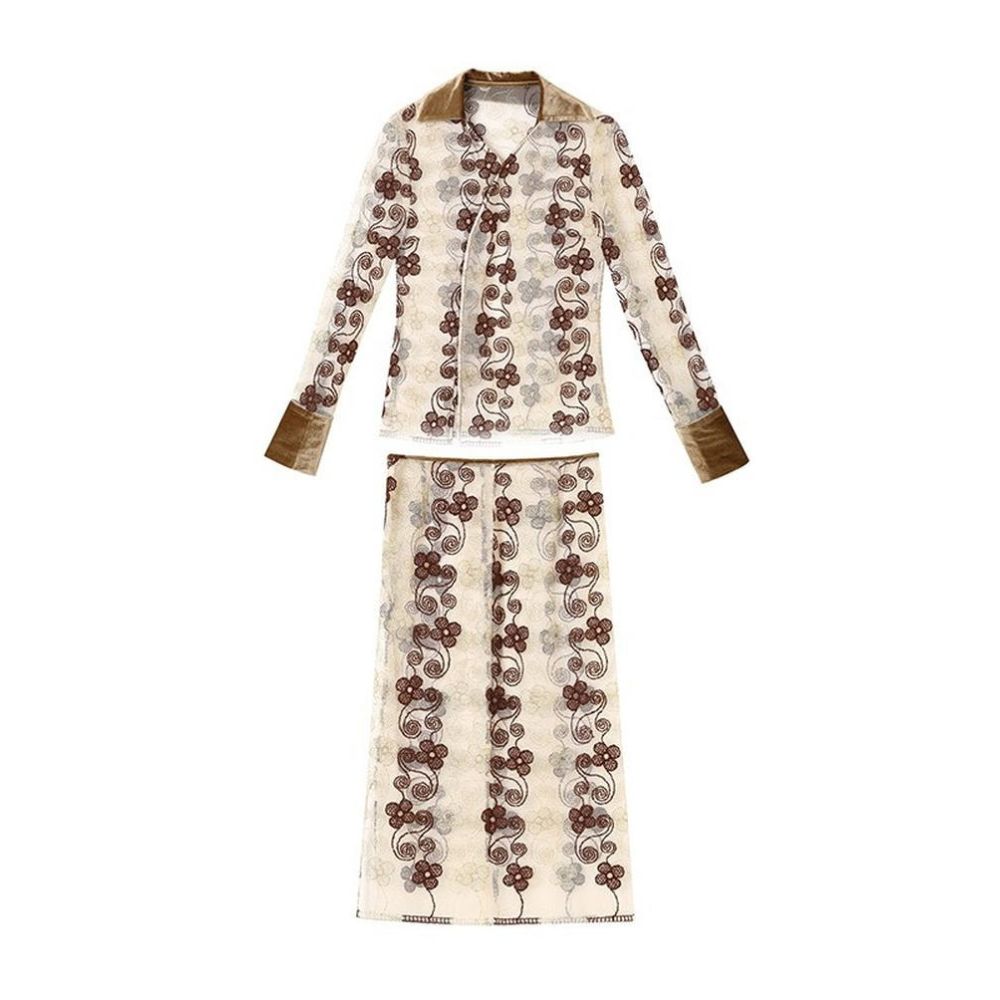 SALE6 Fold Blue Dot Original Design Embossed 3D Embroidered Gold Velvet Heavy duty Shirt Half Skirt Set image 5