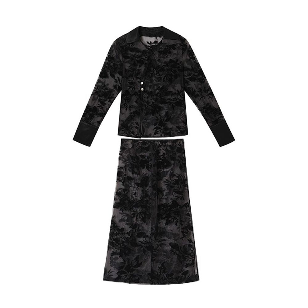 SALE7 Blue Dot Folding Original Design Black Plush Flower Organza V neck Shirt Half Skirt Set image 3