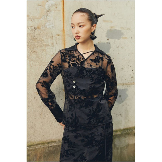 Asaya0302 -  Blue Dot Folding Original Design Black Plush Flower Organza V neck Shirt Half Skirt Set