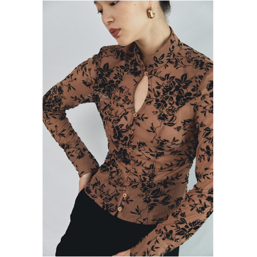 SALE6 Fold Blue Dot Original Design Plush Pattern Mesh Elastic Stand Collar Slimming Bottom Shirt image 11